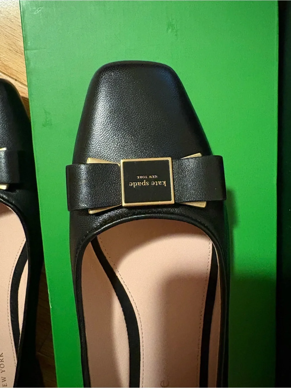 kate spade Black Leather Bow Square-Toe Flats with Gold Plaque